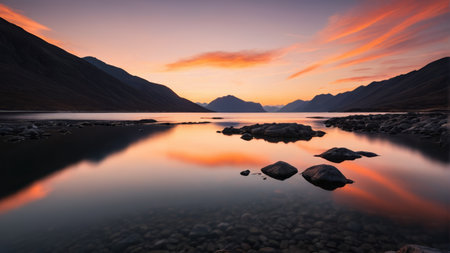 Beautiful sunset view of mountain lakeの素材
