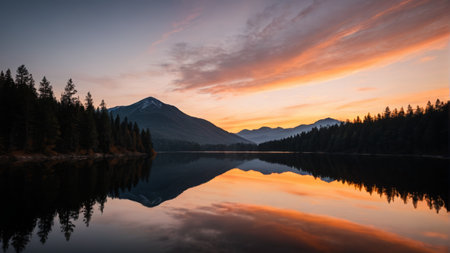 Evening panorama of mountains, forests and lakesの素材