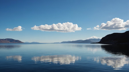 Calm lake and distant mountain landscapeの素材