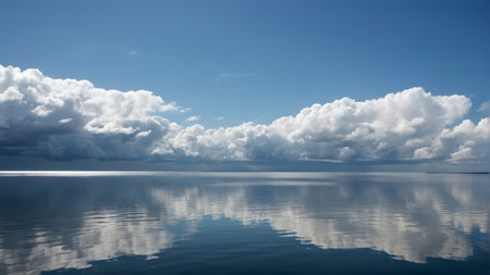Calm lake surface and blue sky and white clouds reflectionの素材