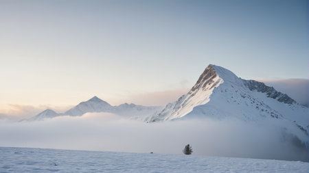 Panoramic view of snow capped mountains and natural sceneryの素材