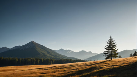 Mountain meadow solitary tree natural sceneryの素材