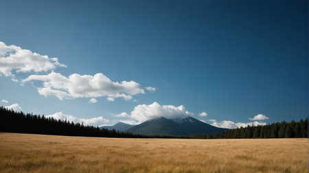 Grassland, mountains, forests, blue sky and white cloudsの素材