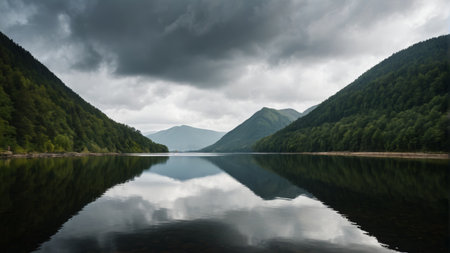 Tranquil lake landscape with mountains and riversの素材