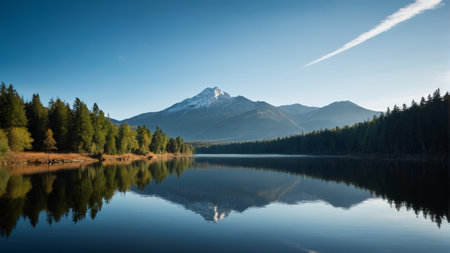 Natural scenery of mountains, forests, lakes and snow capped mountainsの素材