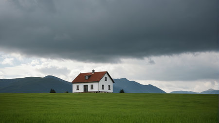 Independent red roofed white house on the grasslandの素材