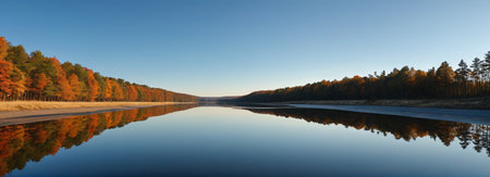 A view of the calm lake next to the forest in autumnの素材
