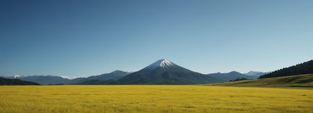 Yellow flower fields and distant snow capped mountain sceneryの素材