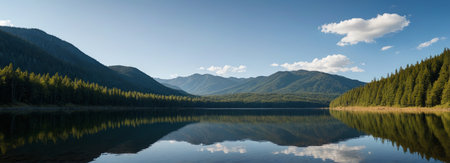 Peaceful lake natural scenery among mountains and forestsの素材