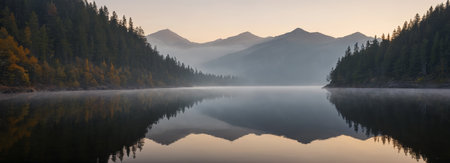 Panoramic view of natural scenery of mountains, forests and lakesの素材