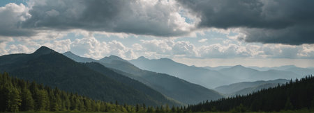 Panoramic view of natural scenery of mountains, forests, clouds and seaの素材