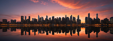 City skyline and water reflecting landscapeの素材