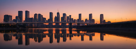 River and high rise view at dusk in the cityの素材