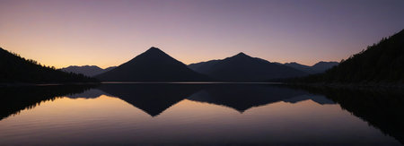 Dusk view of the lake and distant mountainsの素材