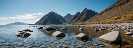 Lakeside mountain scenery and underwater stone landscapeの素材