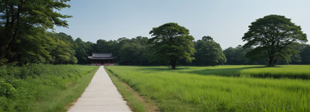 Trails between meadows leading to ancient buildingsの素材