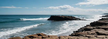 The scene of waves crashing on rocks on the coastの素材