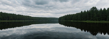 Natural scenery of a calm lake next to the forestの素材