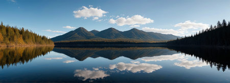 Panoramic view of natural scenery of mountains, forests and lakesの素材