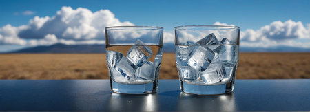 Two cups of drinking water with ice on an outdoor tabletopの素材