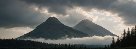 Misty mountain forest landscapeの素材