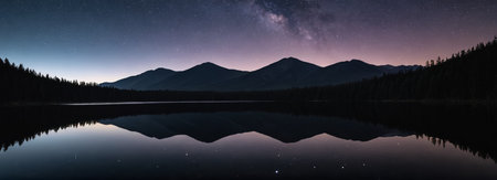 Night view of the starry sky by the mountain forest lakeの素材