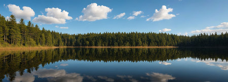 Calm lake next to the forest and blue sky and white clouds landscapeの素材