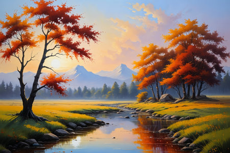 Autumn natural scenery of mountains, forests and streamsの素材