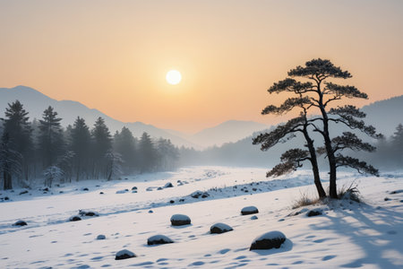 Sunrise scene in the snowy mountains and forests in winterの素材
