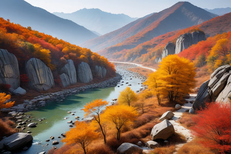 Autumn scenery of rivers and colorful forests in the mountainsの素材
