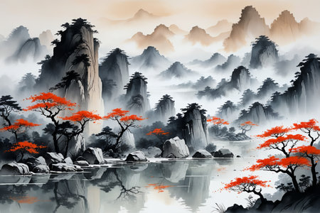 Ink style landscape paintingの素材