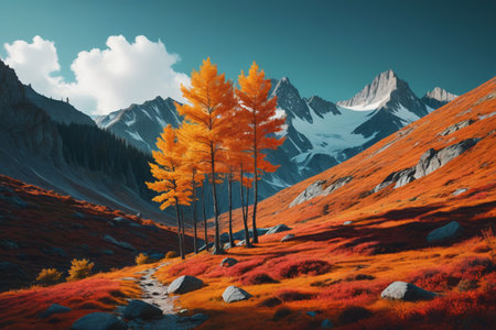 Autumn mountain golden trees natural sceneryの素材