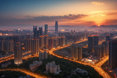 City dusk high rise buildings and road viewsの素材