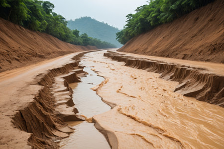 A rushing river beside a muddy mountain roadの素材