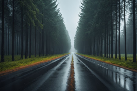 Slippery road in a forest in the rainの素材