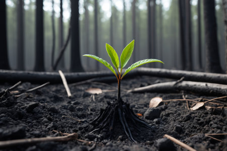 Young green seedlings breaking through the soil in the forestの素材