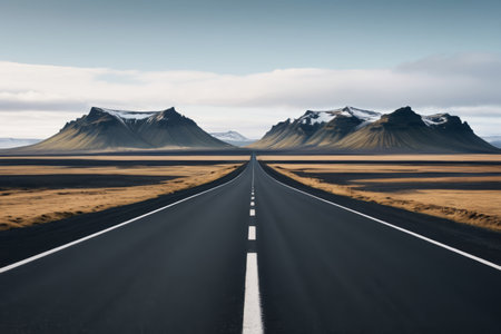 A road in the wilderness extending toward the snow capped mountainsの素材