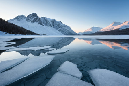 Calm lake and ice floe landscape at the foot of snow capped mountainsの素材