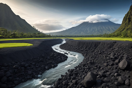 Natural landscape of mountain rivers and grasslandsの素材