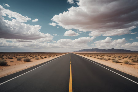 A wide road stretches across the desertの素材