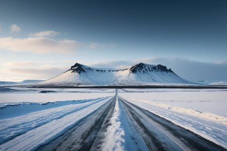 Snow covered roads and distant mountain scenery in Icelandの素材