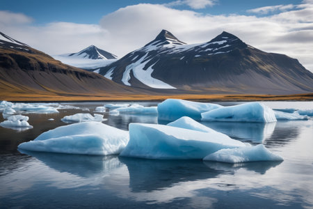 Iceberg floating among mountains and riversの素材