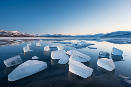 Ice scattered on the lake and distant mountain sceneryの素材