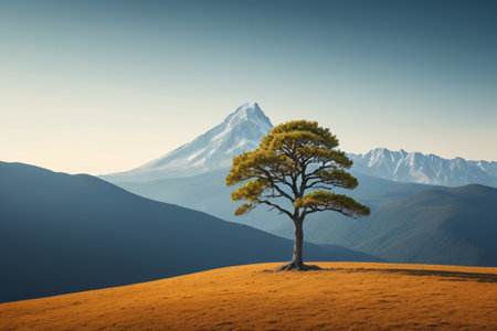 A lonely tree stands in the distant view of the mountainsの素材