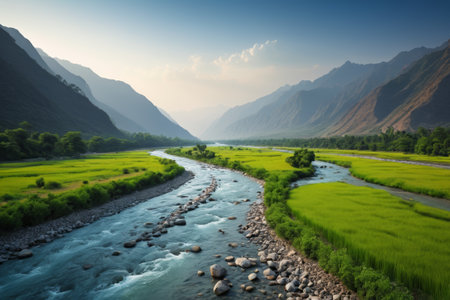 Valley rivers and green fieldsの素材