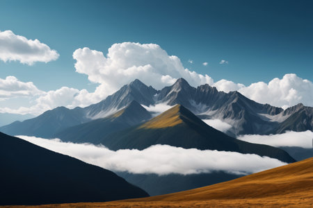 Continuous mountain scenery under blue sky and white cloudsの素材