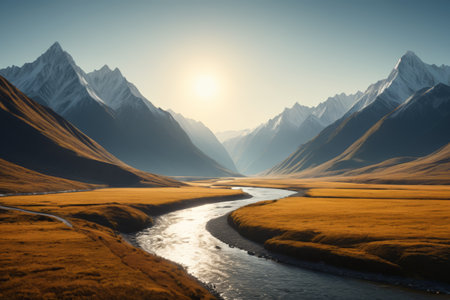 River and mountain landscape between valleysの素材