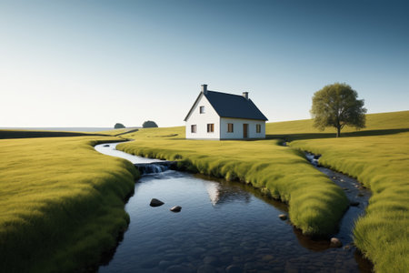 Single family cottage in a pastoral meadowの素材