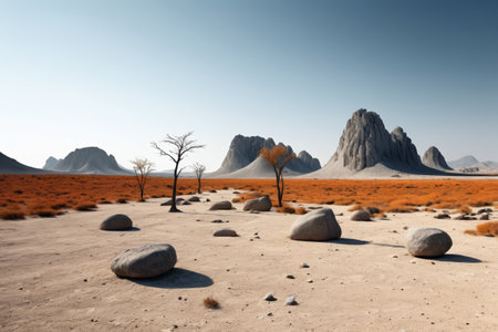 Desert wilderness and dead tree rock landscapeの素材