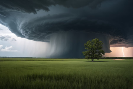 Lone tree landscape in thunderstorm weather on the grasslandの素材